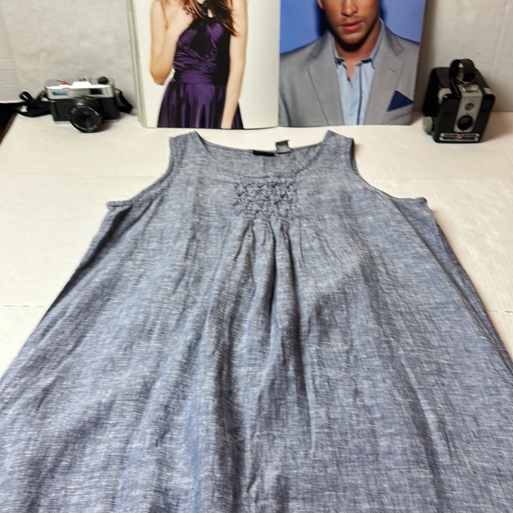 Kenar 100% Linen Shift Dress | Petite Blue Chambray Pockets Coastal Minimalist - Picture 4 of 12